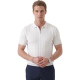 Deepsea Erkek Beyaz Polo Yaka Fermuarlı Çizgi Dokulu Regular Fit Likralı Triko Tişört 2608008 - 2XL