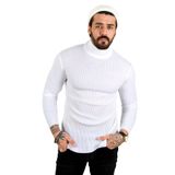 DeepSEA Erkek Beyaz Yarım Balıkçı Yaka Çizgi Desenli Kazak Basic Düz Triko 2100015