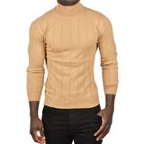 DeepSEA Erkek Camel Slim Fit Likralı Tam Balıkçı Yaka Çizgili Boğazlı Kazak 2505504