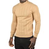 DeepSEA Erkek Camel Slim Fit Likralı Tüylenme Yapmayan Yarım Balıkçı Çizgili Triko Yarım Boğazlı Kazak 2505503
