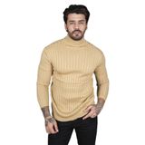 DeepSEA Erkek Camel Slim Fit Yarım Balıkçı Yaka Çizgi Desenli Örme Kazak Yarım Boğazlı Triko 2100017