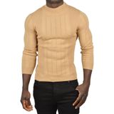 DeepSEA Erkek Camel Yarım Balıkçı Yaka Kazak Çizgi Desenli Tüylenmeyen Slim Fit Triko 2505491