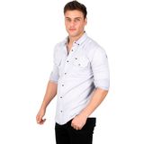 DeepSEA Erkek Gri Likralı İnce Fitilli Çıtçıtlı Çift Cepli Dar Kesim Gabardin Gömlek 2300421