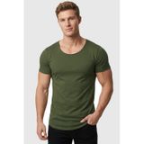 Deepsea Erkek Haki Geniş Yaka Likralı Tişört Oval Yaka Slim Fit Eteği Oval Açık Yaka T-shirt 1801199 Haki