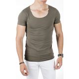 DeepSEA Erkek Haki Slim Fit %90 Pamuk Açık Yaka Oval Kesim Likralı Basic Tişört 1801199 - XL
