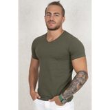 DeepSEA Erkek Haki Slim Fit %90 Pamuk V Yaka Likralı Yumuşak Dokulu Basic Tişört 1801165 - 2XL