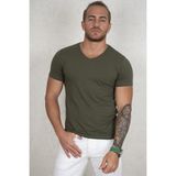 DeepSEA Erkek Haki Slim Fit %90 Pamuk V Yaka Likralı Yumuşak Dokulu Basic Tişört 1801165 - XL