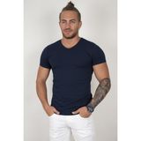 DeepSEA Erkek Lacivert Slim Fit %90 Pamuk V Yaka Likralı Yumuşak Dokulu Basic Tişört 1801165 - 2XL