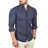 DeepSEA Erkek Lacivert Slim Fit Dar Kesim Keten Gömlek Hakim Yaka Pamuklu Keten Spor Gömlek 2201895