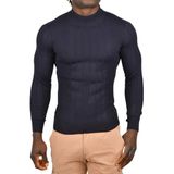 DeepSEA Erkek Lacivert Yarım Balıkçı Yaka Kazak Çizgi Desenli Tüylenmeyen Slim Fit Triko 2505491