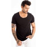DeepSEA Erkek Siyah Slim Fit %90 Pamuk Açık Yaka Oval Kesim Likralı Basic Tişört 1801199
