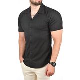 DeepSEA Erkek Siyah Slim Fit Pamuklu Apaş Yaka Kısa Kol Penye Gömlek Dokulu Jakar Kumaş Dar Kesim Spor Gömlek 2501216