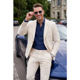 DeepSEA Erkek Slim Fit Dar Kesim Çizgili Gofre Kumaş Bej Takım Elbise – Tek Düğme İpli Pantolon 2602311