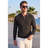 Deepsea Erkek Slim Fit Dokulu Siyah Triko Kazak – Fermuarlı Polo Yaka Likralı Esnek 2708505