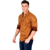 DeepSEA Erkek Taba Kırışmayan Süet Kumaş ÇıtÇıtlı Cepli Slim Fit Mevsimlik Gömlek 2302329
