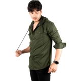 DeepSEA Haki Kapüşonlu Likralı Kot Gömlek – Slim Fit Çıt Çıt Kapamalı Erkek Gömlek 2300396
