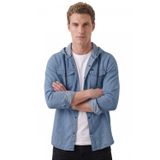Deepsea Koyu Mavi Kapüşonlu Likralı Kot Gömlek – Slim Fit Çıt Çıt Kapamalı Erkek Gömlek 2300396