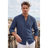Deepsea Lacivert %97 Pamuk Müslin Kumaş Nefes Alabilir Yazlık Hakim Yaka Rahat Kesim Erkek Gömlek 2602620 - XL
