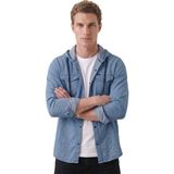 Deepsea Mavi Kapüşonlu Likralı Kot Gömlek – Slim Fit Çıt Çıt Kapamalı Erkek Gömlek 2300396