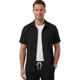 Deepsea Siyah Slim Fit Çizgi Dokulu Keten Görünümlü Kısa Kol Erkek Spor Gömlek 2602648
