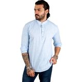 Deepsea Yarım Düğmeli Çizgi Desenli Hakim Yaka Flamlı Keten Uzun Kollu Erkek Gömlek 2201914 - 3XL - Mavi