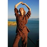 Defacto %100 Keten Regular Fit Bağcıklı Uzun Kollu Tesettür Gömlek Tunik D4394AX24HS Kahve