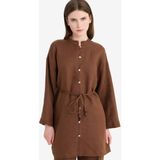 DeFacto %100 Keten Regular Fit Bağcıklı Uzun Kollu Tesettür Gömlek Tunik D4394AX25SM - Kahve - Dropsuz - L - XL