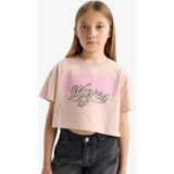 DeFacto %100 Pamuk Crop Bisiklet Yaka Baskılı Kısa Kollu Tişört Kız Çocuk E0385A825SM - Pembe-PN287 - 9 - 10 Yaş