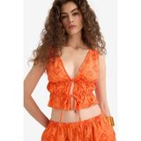 DeFacto %100 Pamuk Fitted Crop Desenli Önden Bağlamalı Bluz F4626AX25HS - Turuncu-OG567