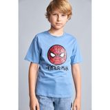 DeFacto %100 Pamuk Marvel Lisanslı Payetli Spiderman New Regular Fit Bisiklet Yaka Kısa Kollu Mavi Tişört Erkek Çocuk H8258A826HS - 8 - 9 Yaş