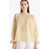 DeFacto %100 Pamuk Regular Fit Desenli Fırfır Yaka Vual Uzun Kollu Tesettür Bluz Tunik E7966AX25SM - Beyaz-WT47 - 2XL