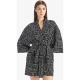 DeFacto %100 Pamuk Regular Fit Desenli Kuşaklı Kimono D0453AX25SP - Siyah-BK27 - XS - S