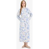 DeFacto %100 Pamuk Relax Fit Bisiklet Yaka Çiçekli Poplin Bağcıklı Uzun Kollu Maxi Elbise F4554AX25HS - Mavi-BE751 - 42