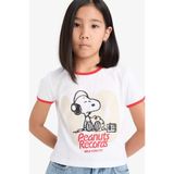DeFacto %100 Pamuk Snoopy Crop Bisiklet Yaka Kaşkorse Kısa Kollu Tişört Kız Çocuk E0869A825SM