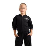 Defacto 2'li Takım Baskılı Kapüşonlu Fermuarlı Sweatshirt Eşofman Altı Kız Çocuk, 7/8 Yaş (128cm), Siyah