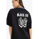 DeFacto AC/DC Oversize Geniş Kalıp V Yaka Sırt Baskılı Kısa Kollu Tişört, XS, E6137AX25SMBK81-218052, Siyah, Kadın