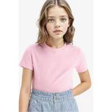 Defacto B3054a8pn444 Pembe Slim Fit Dar Kesim Bisiklet Yaka Ribana Basic Düz Kısa Kollu Tişört Kız Çocuk