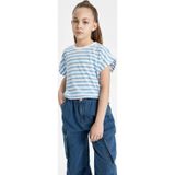DeFacto B6697A8 Kız Çocuk Oversize Fit Jersey Çizgili Kısa Kollu Tişört