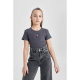 DeFacto B6698A824SM Kız Çocuk Slim Fit Dar Kesim Kısa Kollu Tişört Antrasit Kaşkorse 97% Pamuk - 9 - 10 Yaş - Antrasit-AR148