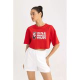 Defacto B9975 Kırmızı Defactofit Nba Wordmark Oversize Geniş Kalıp Bisiklet Yaka Kısa Kollu Crop Tişört