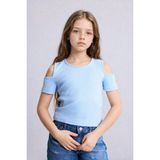 DeFacto Bisiklet Yaka Fitilli Kaşkorse Kısa Kollu Tişört Kız Çocuk H7241A826SM - Mavi-BE409 - 9 - 10 Yaş