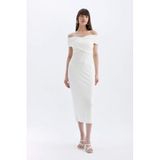 Defacto Bodycon Omuzu Açık Midi Elbise, M, D1827AX24HS, Ekru, Kadın
