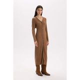 DeFacto Bodycon V Yaka Düğmeli Fitilli Kaşkorse Midi Elbise, XL, B3261AX24WN, Kahve-BN325, Kadın
