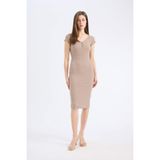 DeFacto Bodycon V Yaka Fitilli Midi Elbise, L, TYC30C59318AD7C400, Bej-BG73, Kadın