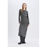 Defacto Bodycon Vücudu Saran Bisiklet Yaka Basic Düz Kaşkorse Uzun Kollu Maxi Elbise D3373AX24WNAR104 Antrasit
