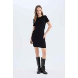 DeFacto Bodycon Vücudu Saran Bisiklet Yaka Fitilli Kaşkorse Kısa Kollu Mini Elbise E7231AX25SP - Siyah-BK81 - XS