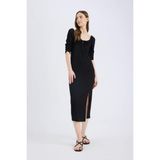 DeFacto Bodycon Vücudu Saran Kare Yaka Yırtmaçlı Basic Kırışık Dokulu Yarım Kol Siyah Midi Elbise E0885AX25SP - Siyah-BK81