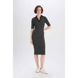 DeFacto Bodycon Vücudu Saran Polo Yaka Fitilli Kaşkorse Kısa Kollu Midi Elbise E6792AX25SP - XL - Siyah-BK27
