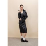 Defacto Bodycon Vücudu Saran Straplez Basic Düz Yırtmaçlı Suni Deri Midi Elbise C2284AX24SPBK27