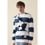 DeFacto Boxy Fit Bisiklet Yaka Çizgili Sweatshirt, XL, 3159717, Mavi, erkek